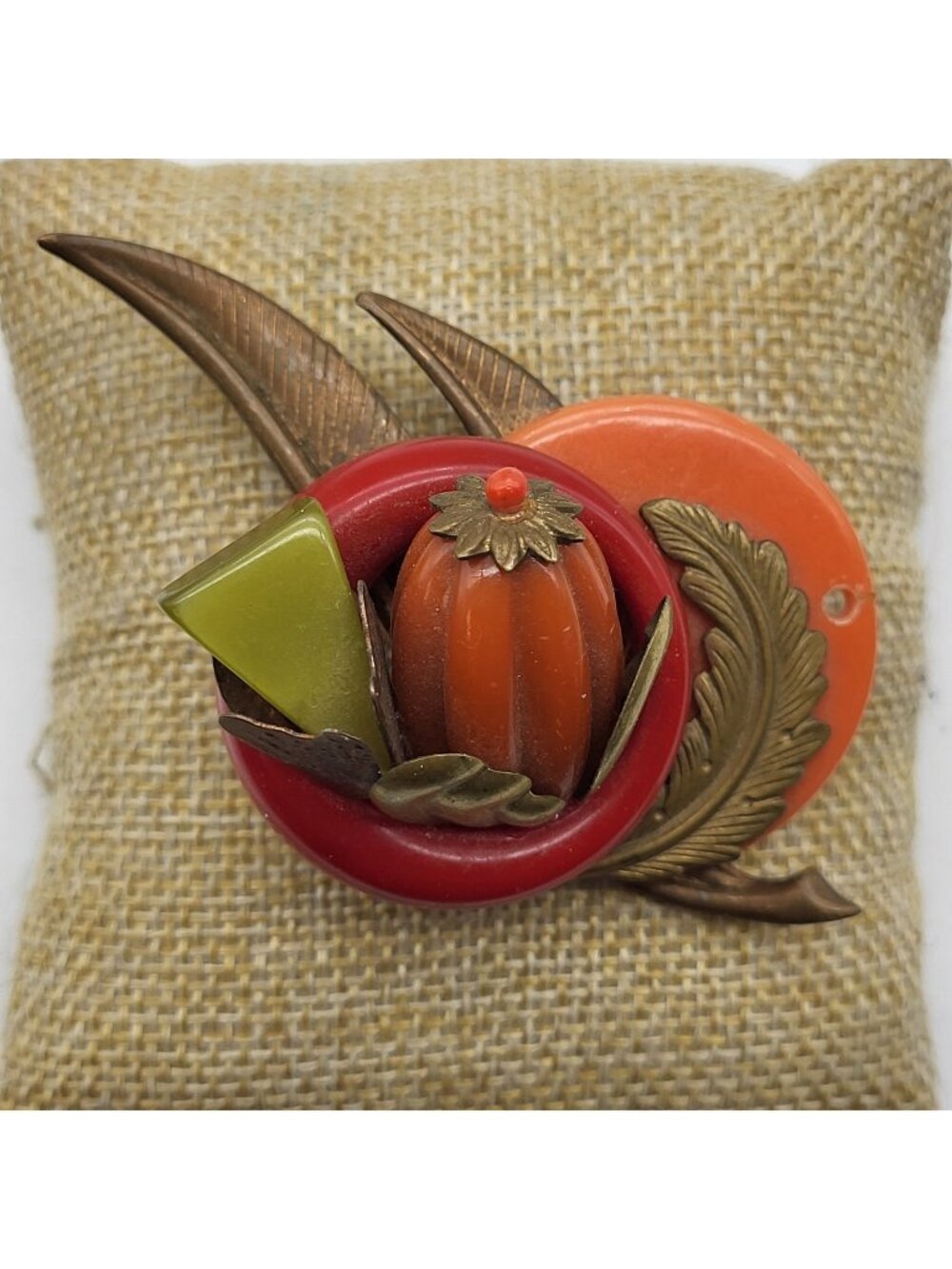 Beautiful Mixed Media Found Art Brooch pin Artisan Halloween Pumpkin Fall OOAK